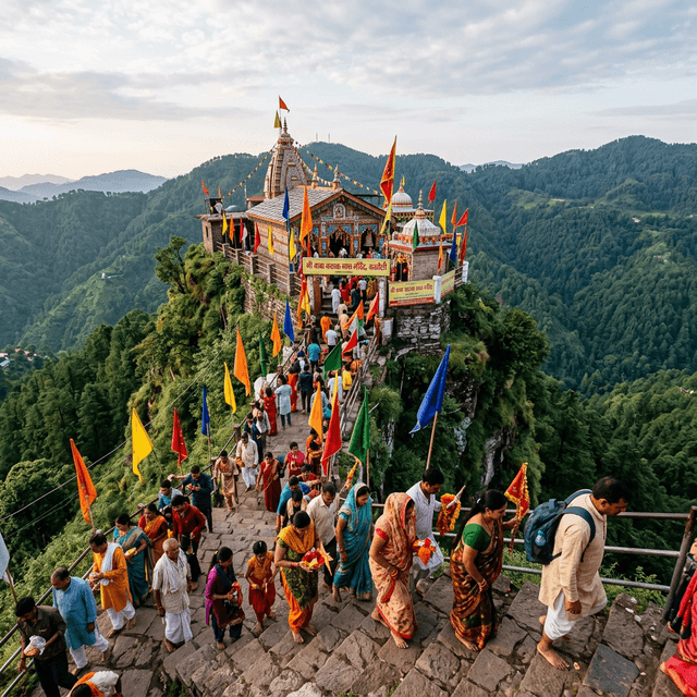 Sri Baba Balak Nath Temple near Kasauli with colorful prayer flags and stone steps