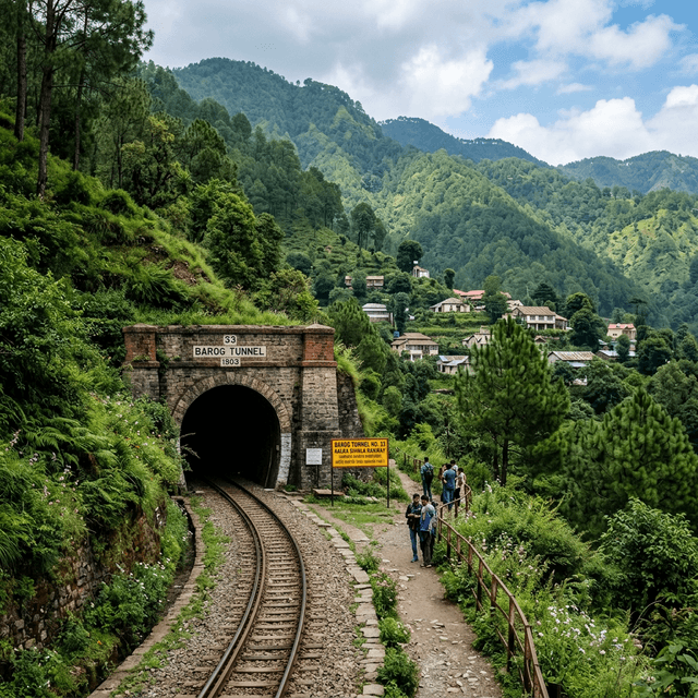 Barog tunnel entrance of Kalka-Shimla heritage railway surrounded by green mountains