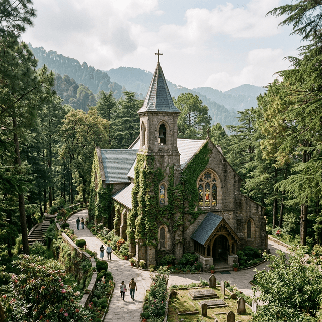 Christ Church Kasauli, colonial-era Anglican church with gothic stone architecture among pine trees