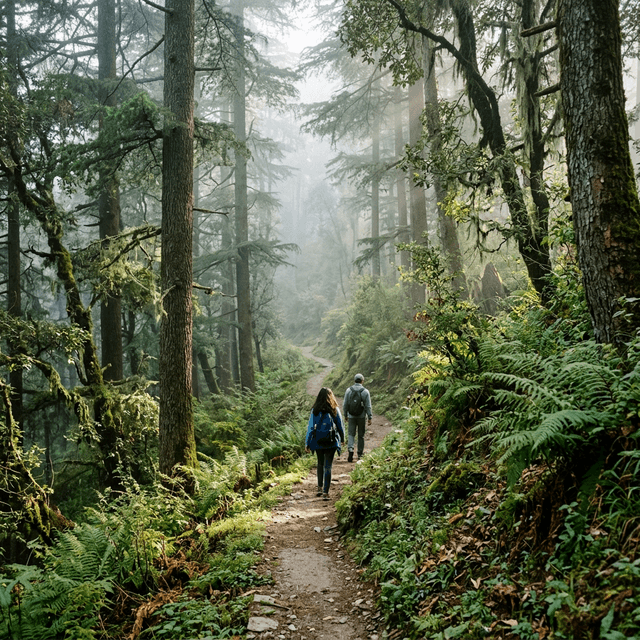 Scenic Gilbert Trail forest path through dense pine and deodar trees in Kasauli