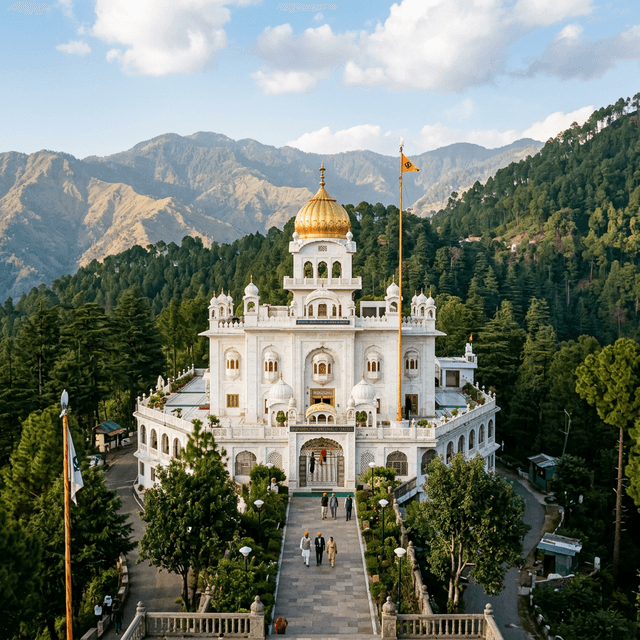 Gurudwara Shri Guru Nanak Ji near Kasauli with white architecture and golden dome