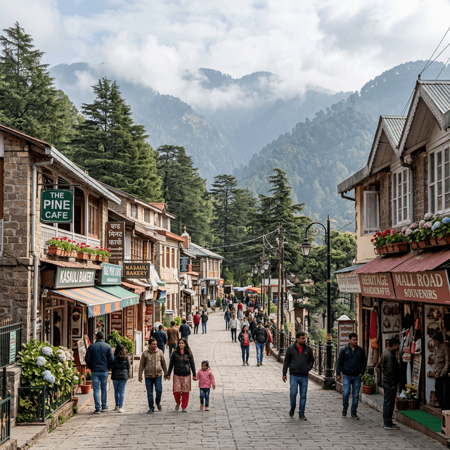 Kasauli Mall Road with heritage colonial buildings, shops and cafes lined with pine trees