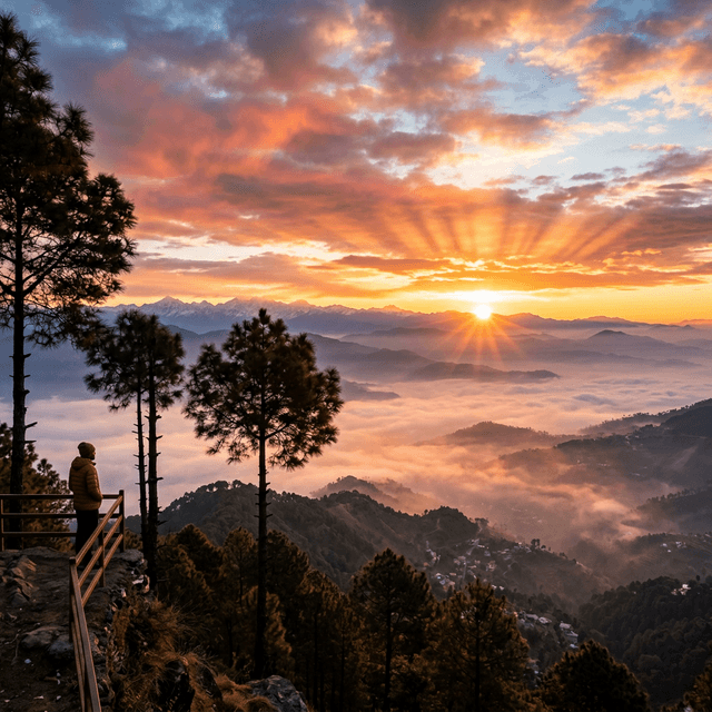 Golden sunrise from Sunrise Point Kasauli with rays breaking over misty Himalayan foothills
