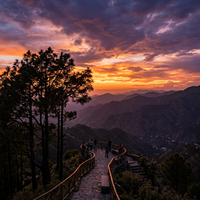 Stunning sunset over Kasauli mountains from Sunset Point with dramatic orange and purple sky