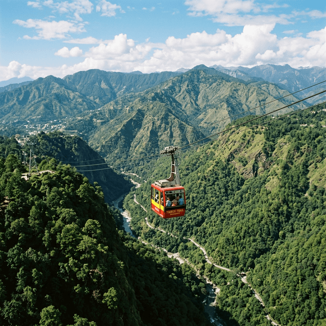 Timber Trail cable car ride over deep green valley gorge at Parwanoo with mountain views